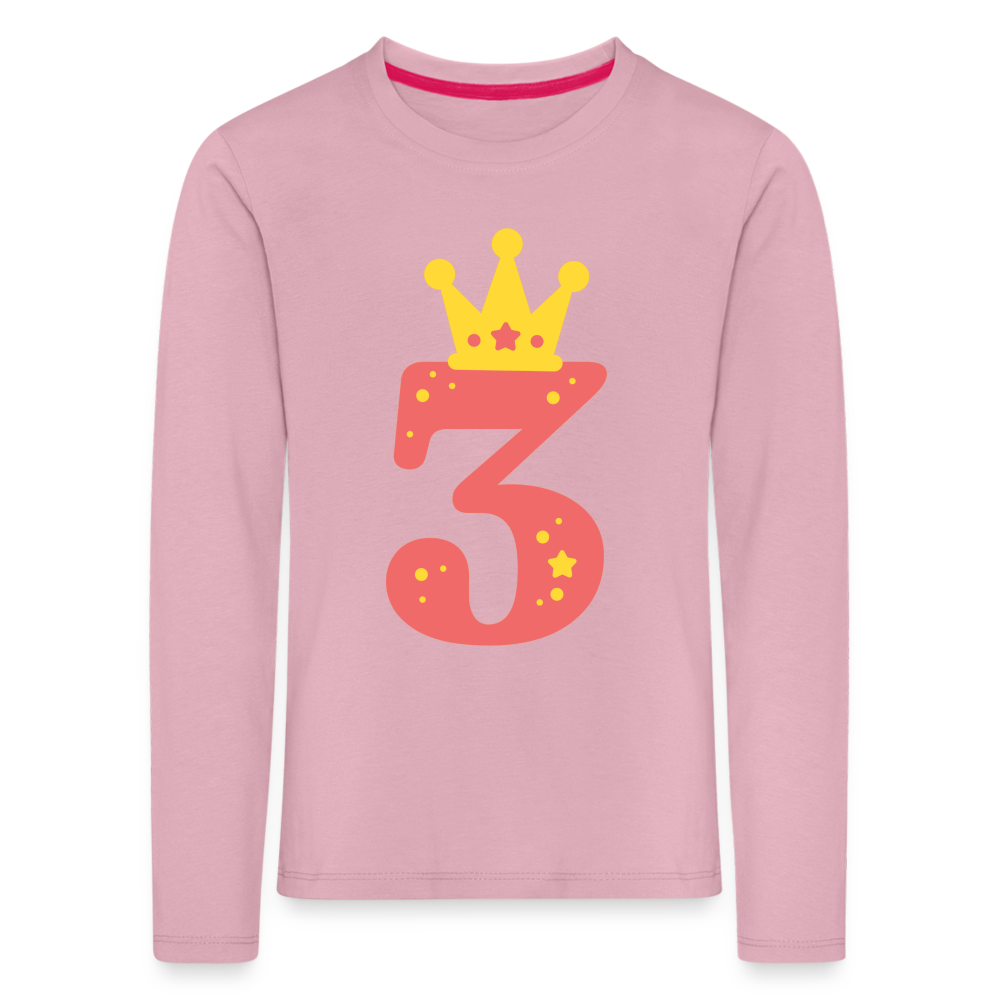 Kinder Langarm T-Shirt "3 mit Krone" - Hellrosa