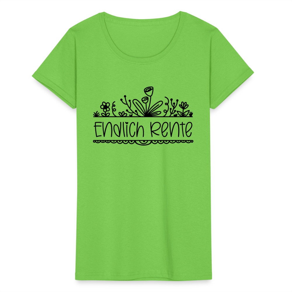 Frauen-T-Shirt "Endlich Rente" (Blumenmotiv) - Hellgrün