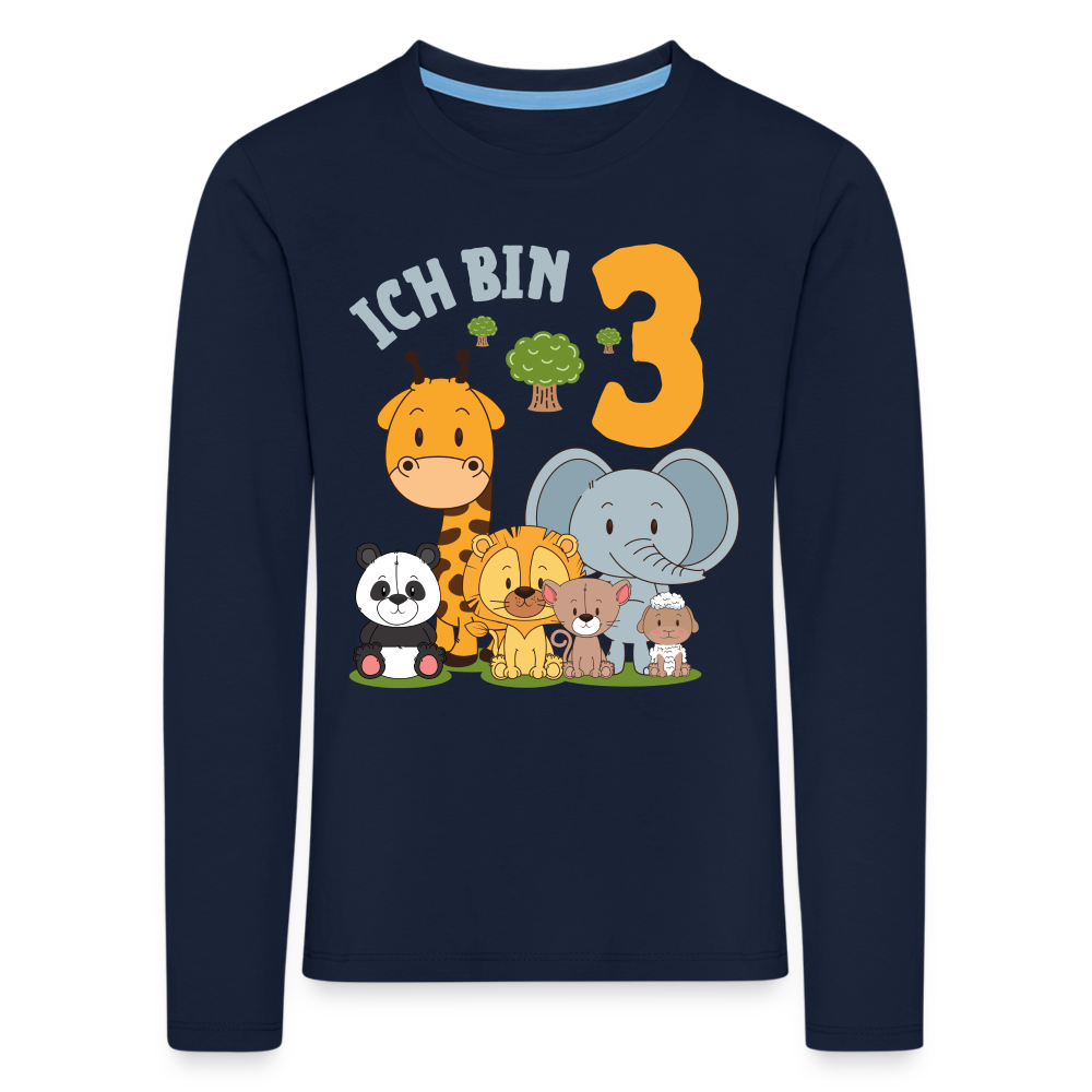 Kinder Langarm T-Shirt "Ich bin 3" (Niedliches Tiermotiv) - Navy
