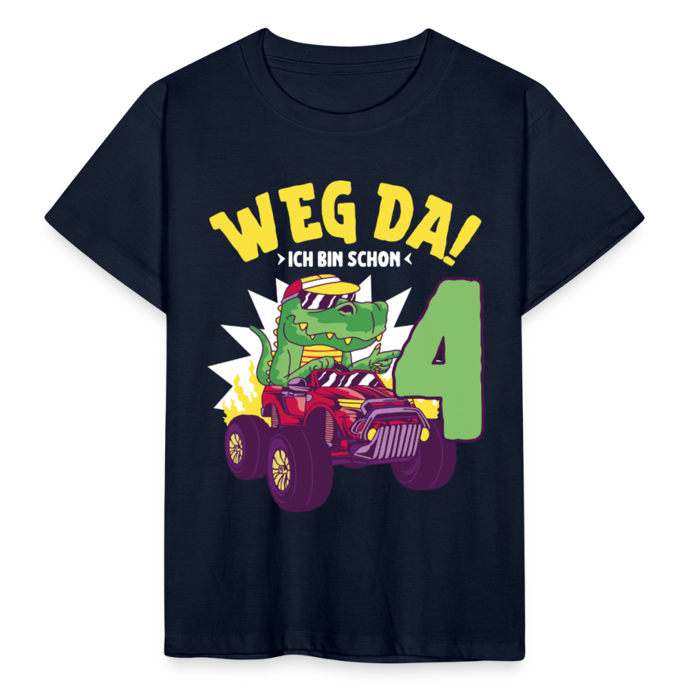 Kinder T-Shirt "Weg da! Ich bin schon 4" (Dinosaurier mit Truck) - Navy