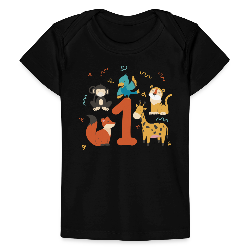 Baby Bio-T-Shirt "1. Geburtstag" (Niedliche Tiere) - Schwarz