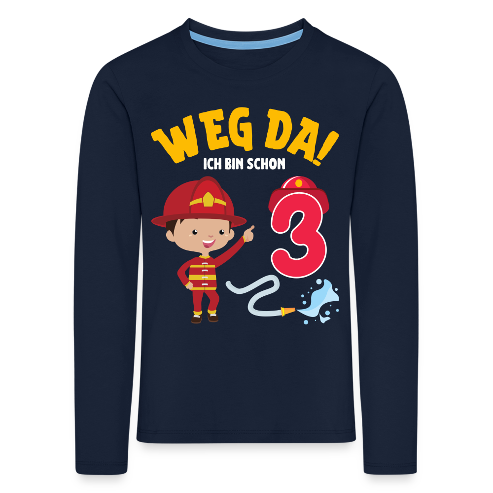 Kinder Langarm T-Shirt "Weg da! Ich bin schon 3" (Feuerwehrmann) - Navy