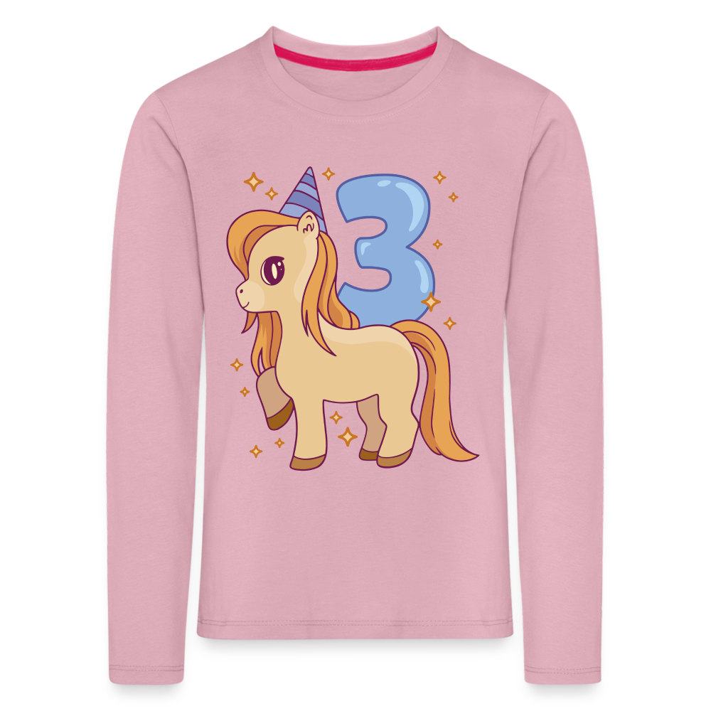 Kinder Langarm T-Shirt "3 Jahre" (Pony-Motiv) - Hellrosa