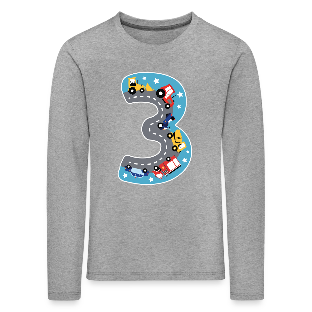Kinder Langarm T-Shirt "3. Geburtstag" (Fahrzeuge und Straße) - Grau meliert