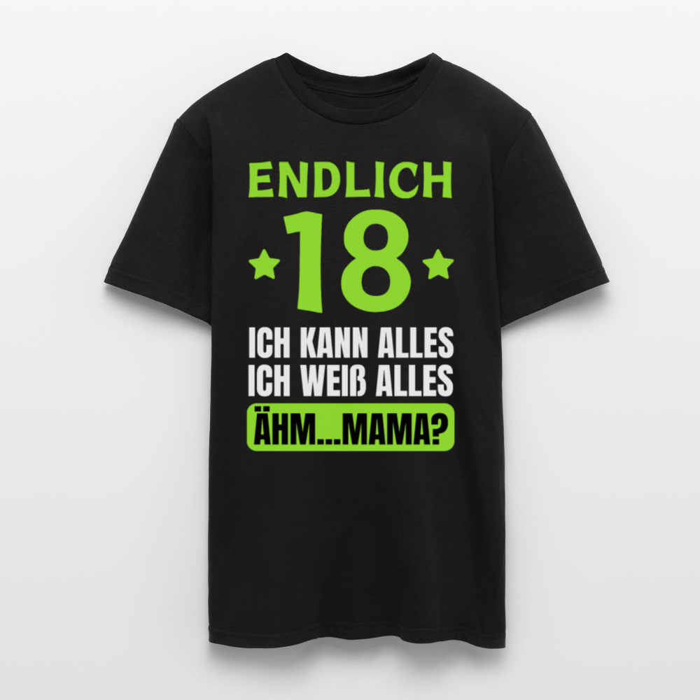 Männer T-Shirt "Endlich 18 - Ich kann alles, ich weiß alles" (Grünes Motiv) - Schwarz