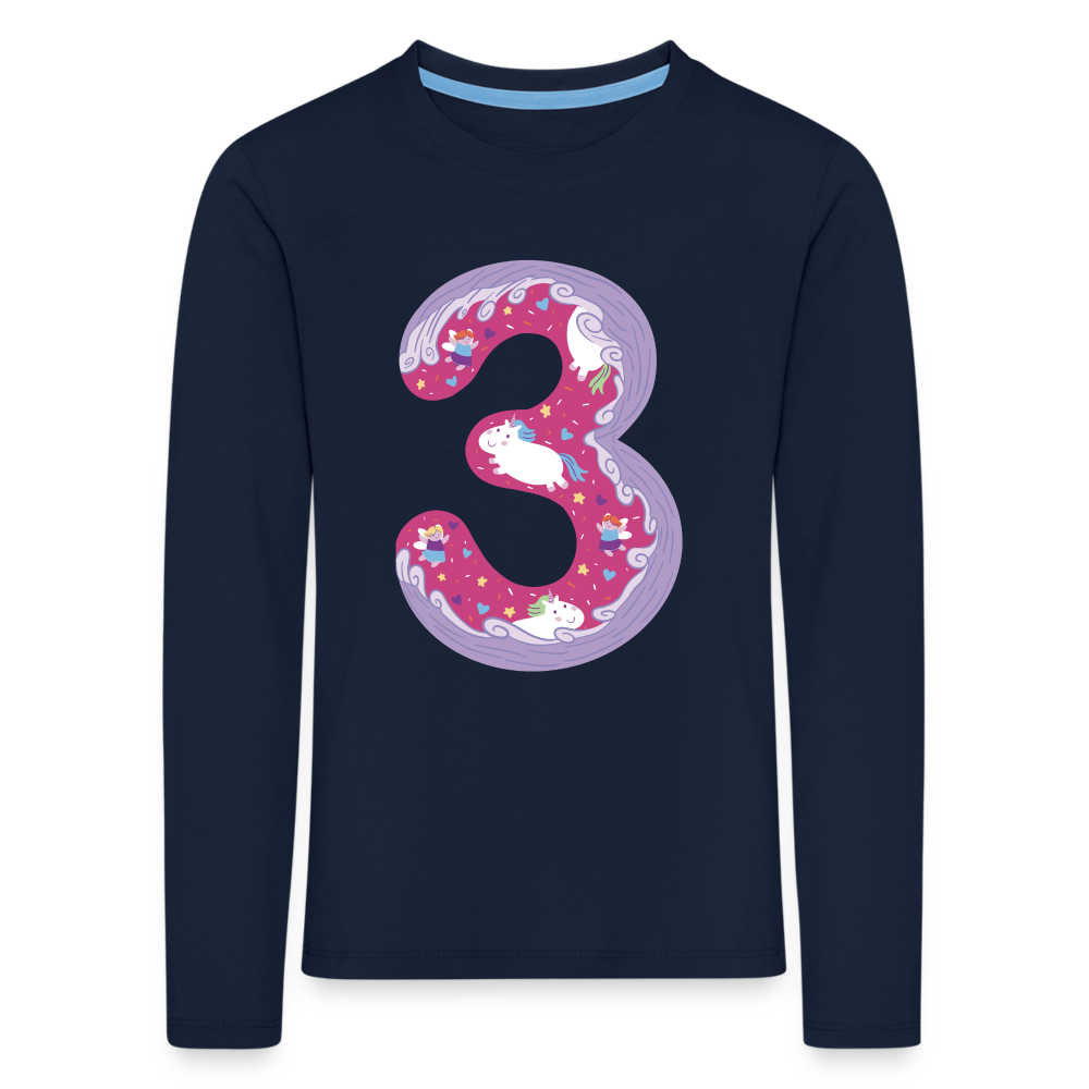 Kinder Langarm T-Shirt "3 Jahre" (Lustiges Einhorn-Motiv) - Navy
