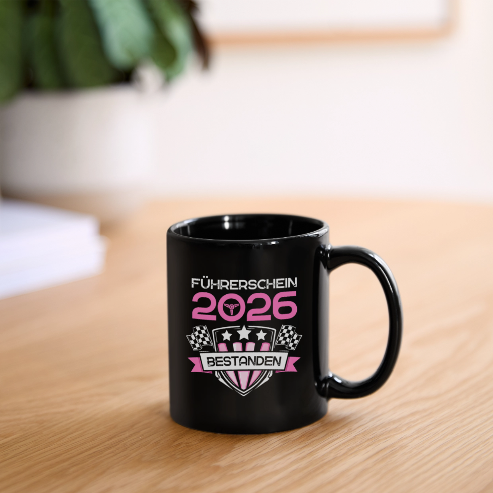 Tasse "Führerschein 2026 bestanden" (Rosa-Sternenmotiv) - Schwarz