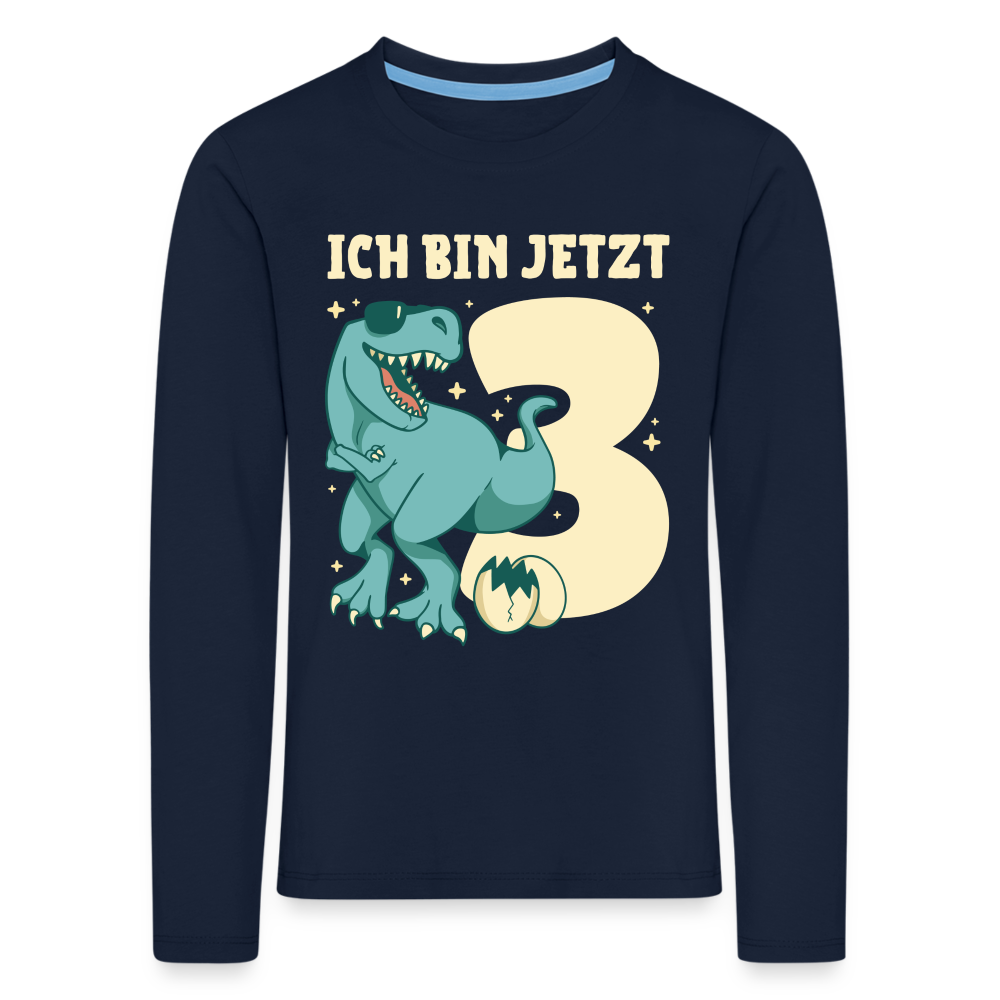 Kinder Langarm T-Shirt "Ich bin jetzt 3" (Dinosaurier mit Sonnenbrille) - Navy