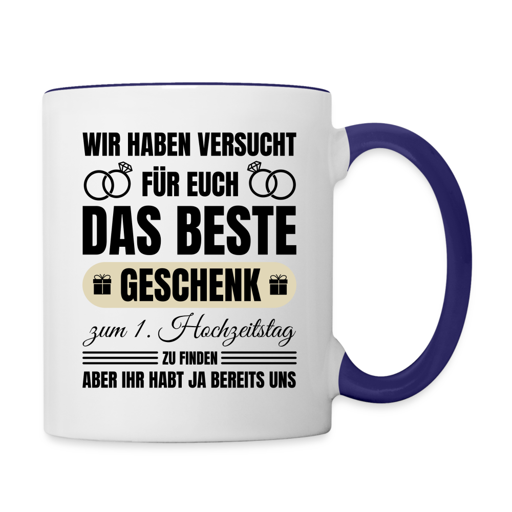 Tasse "Das beste Geschenk zum 1. Hochzeitstag" (von Eltern) - Weiß/Kobaltblau