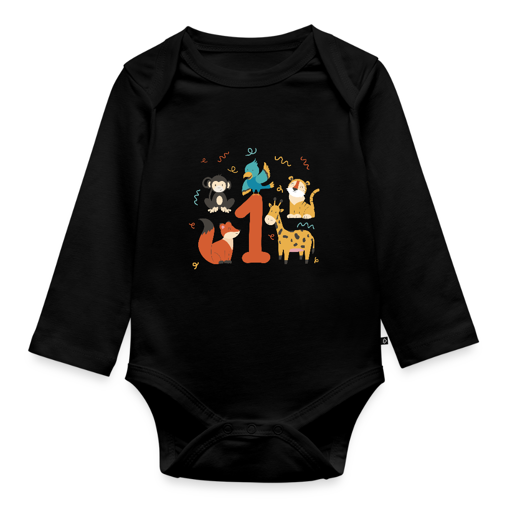 Baby Bio-Langarm-Body "1. Geburtstag" (Niedliche Tiere) - Schwarz