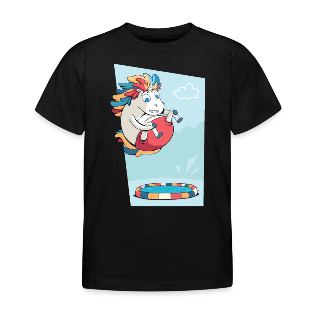 Kinder T-Shirt "Einhorn springt in den Pool" - Schwarz