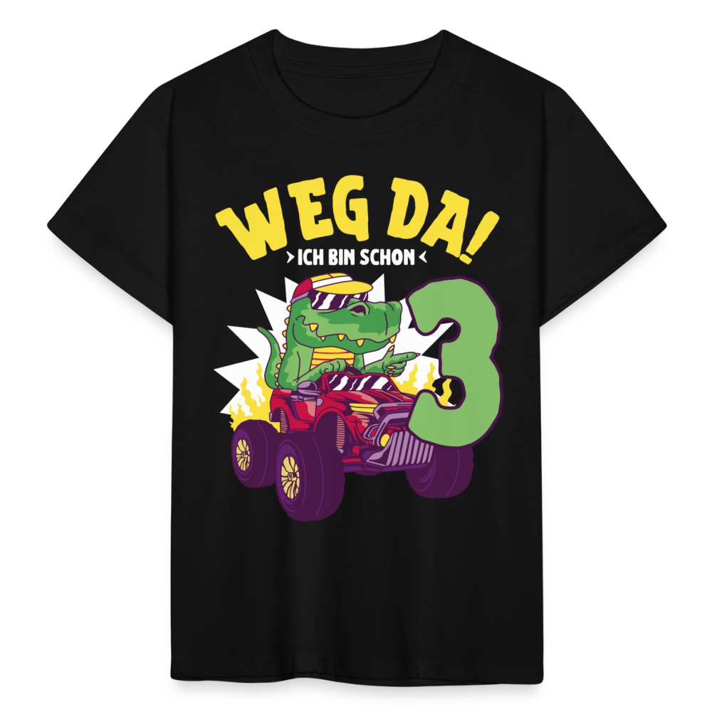 Kinder T-Shirt "Weg da! Ich bin schon 3" (Dinosaurier mit Truck) - Schwarz