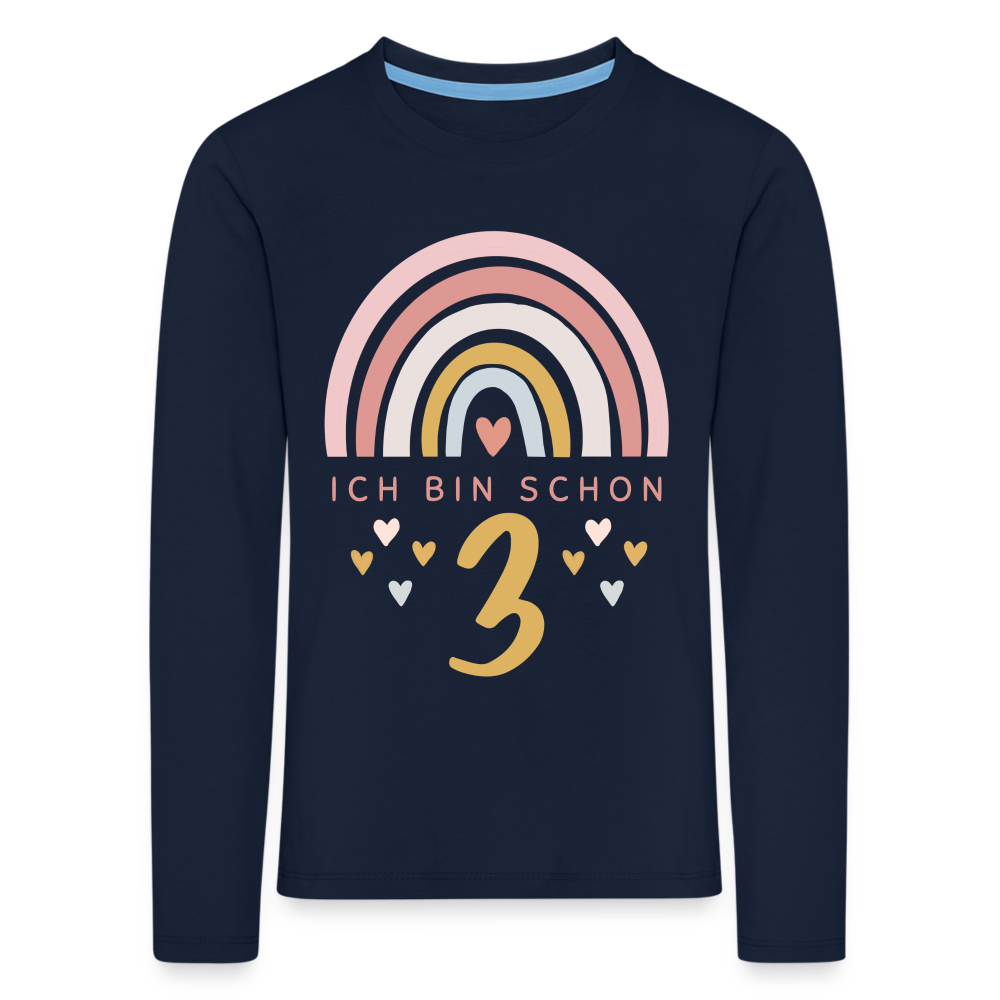 Kinder Langarm T-Shirt "Ich bin schon 3" (Regenbogen und Herzen) - Navy