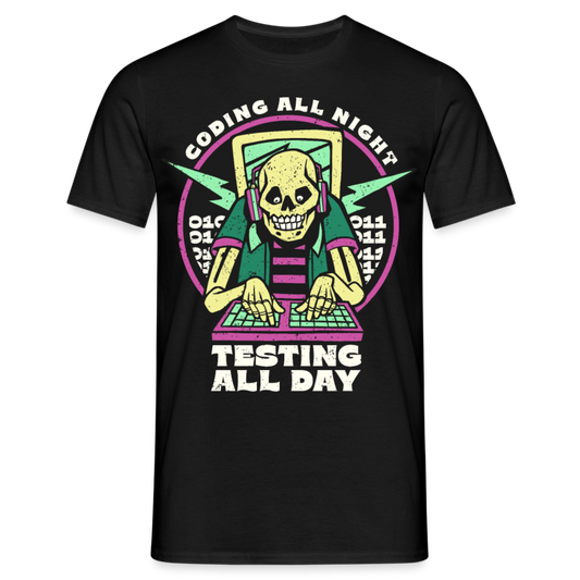 Männer T-Shirt "Coding all night - Testing all day" - Schwarz