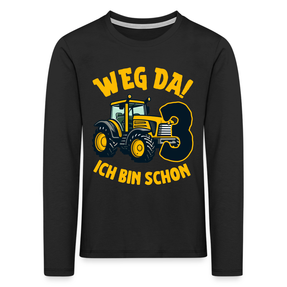 Kinder Langarm T-Shirt "Weg da! Ich bin schon 3" (Traktor-Motiv) - Schwarz