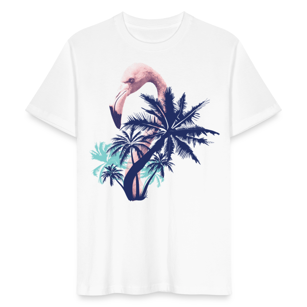 Unisex Bio-T-Shirt "Flamingo mit Palmen" - Weiß