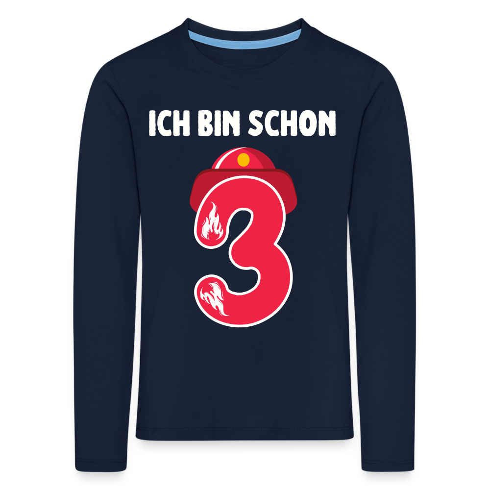 Kinder Langarm T-Shirt "Ich bin schon 3" (Feuerwehr-Helm) - Navy