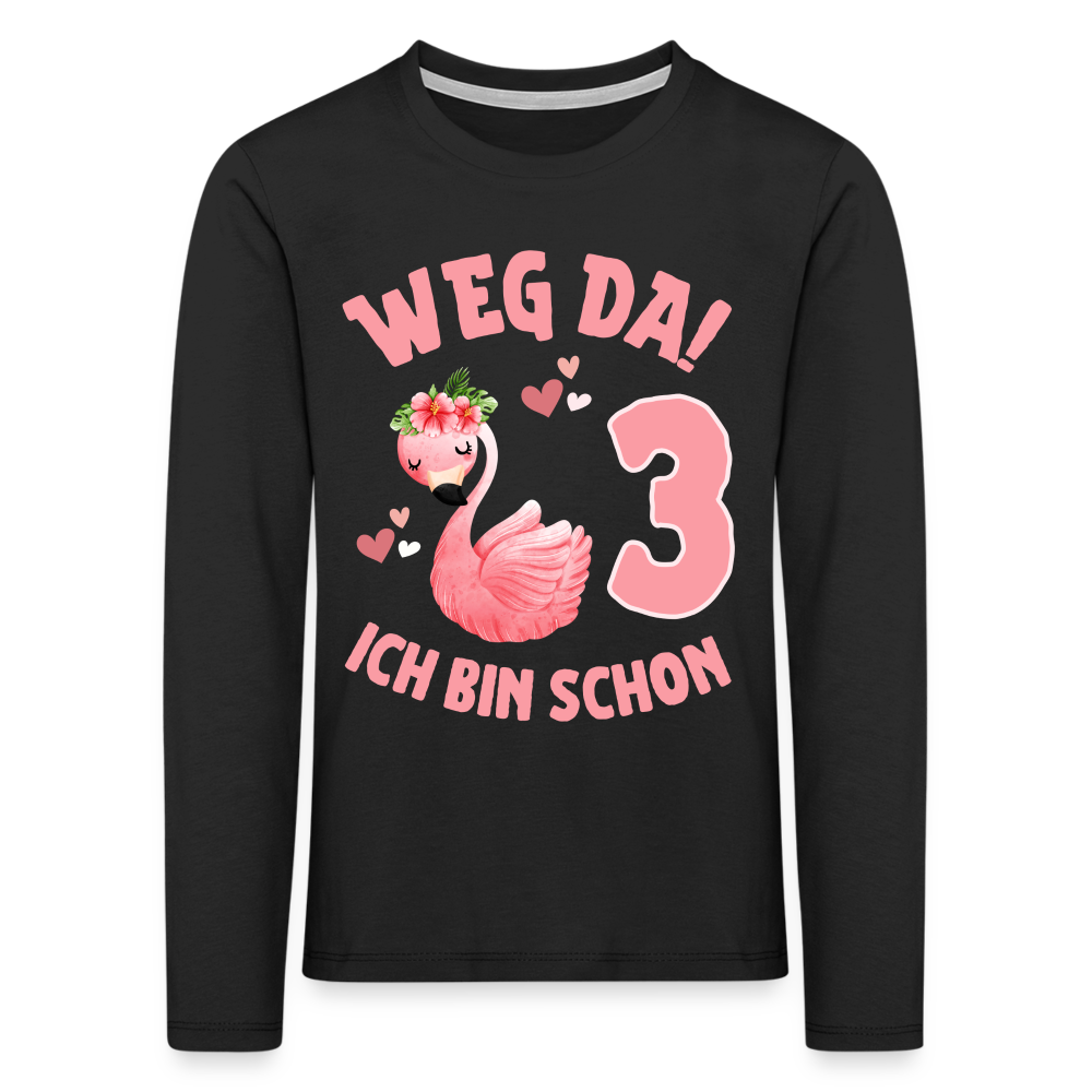 Kinder Langarm T-Shirt "Weg da! Ich bin schon 3" (Flamingo-Motiv) - Schwarz