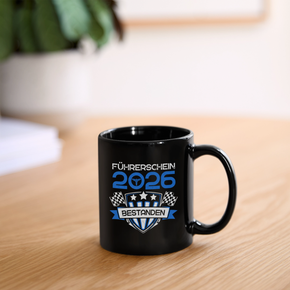 Tasse "Führerschein 2026 bestanden" (Blaues-Sternenmotiv) - Schwarz