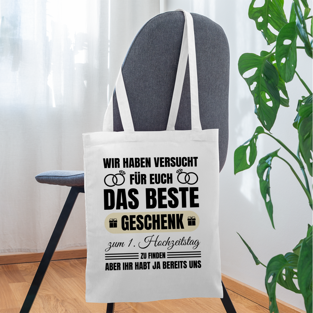 Stoffbeutel "Das beste Geschenk zum 1. Hochzeitstag" (von Eltern) - Weiß