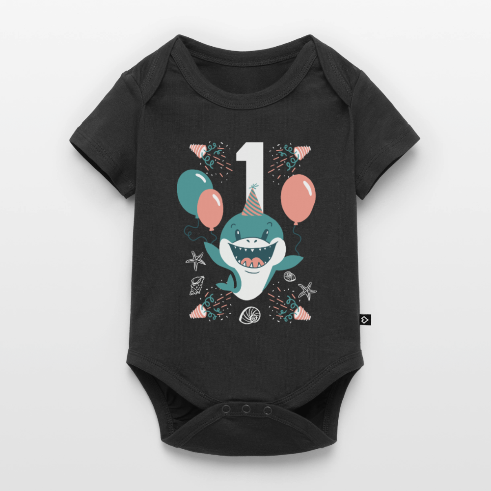 Baby Bio-Kurzarm-Body "Erster Geburtstag" (Hai) - Schwarz