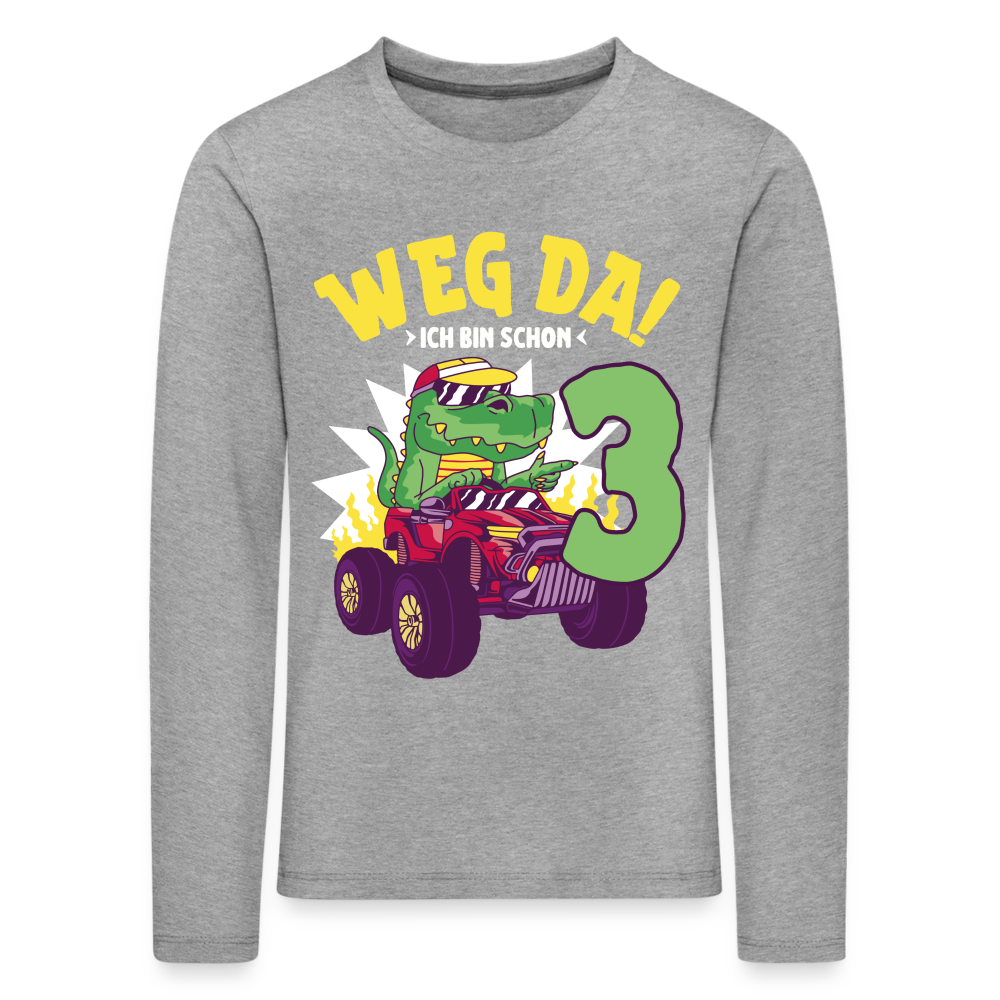 Kinder Langarm T-Shirt "Weg da! Ich bin schon 3" (Dinosaurier mit Truck) - Grau meliert