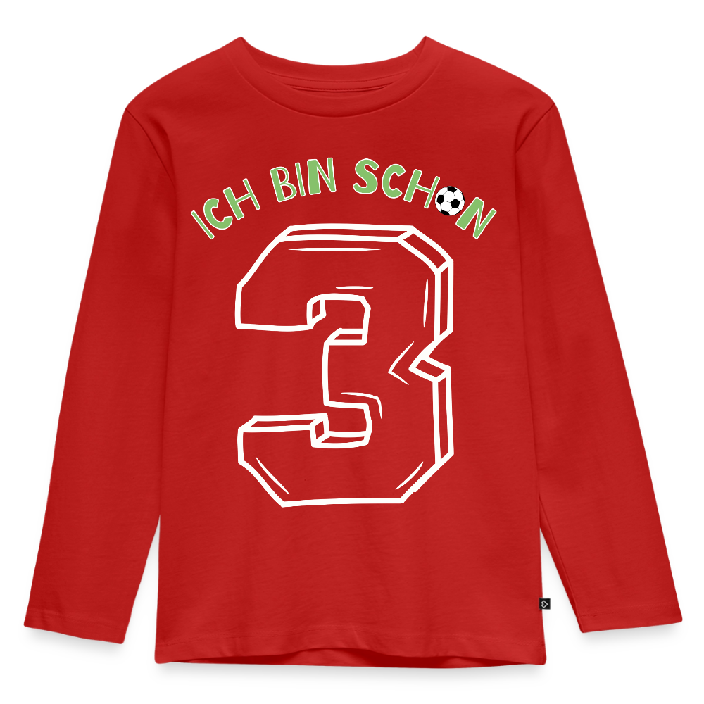 Kinder Langarm T-Shirt "Ich bin schon 3" (Fußball Motiv) - Rot