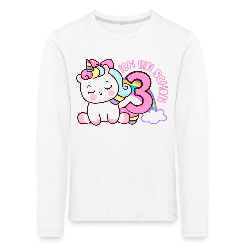 Kinder Langarm T-Shirt "Ich bin schon 3" (Einhorn-Regenbogen-Motiv) - Weiß