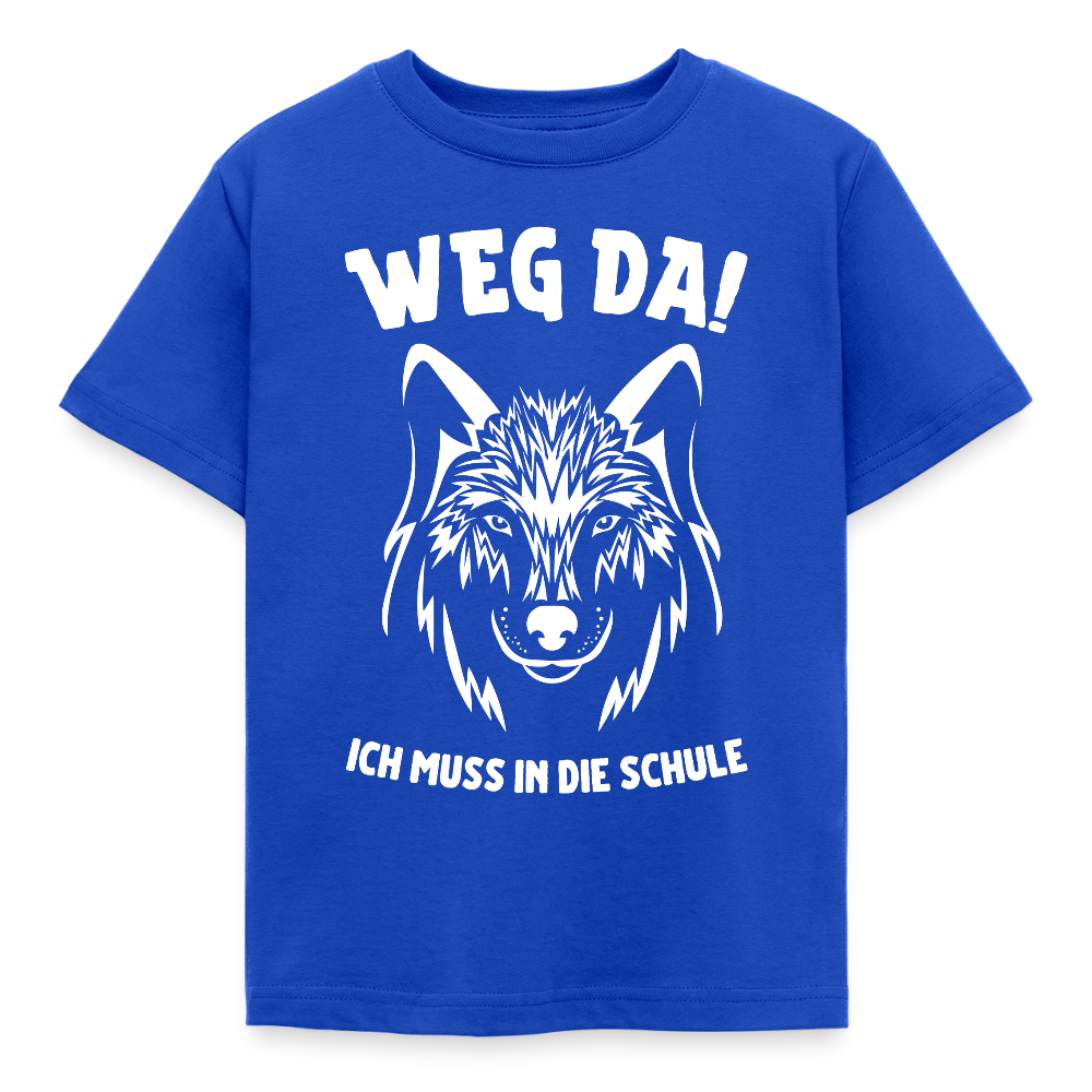 Kinder T-Shirt "Weg da! Ich muss in die Schule" (Wolfmotiv) - Royalblau