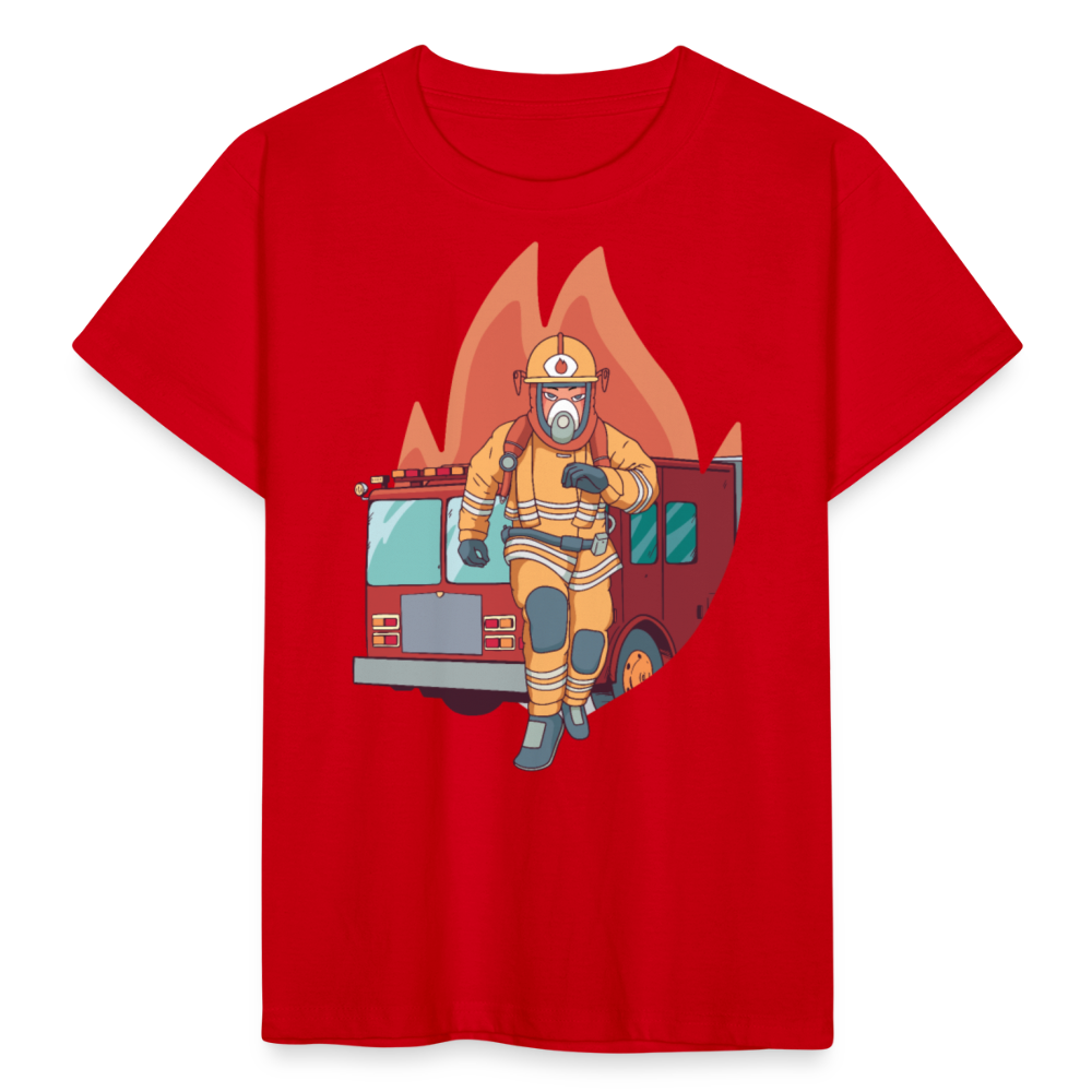 Kinder T-Shirt "Rennender Feuerwehrmann" - Rot