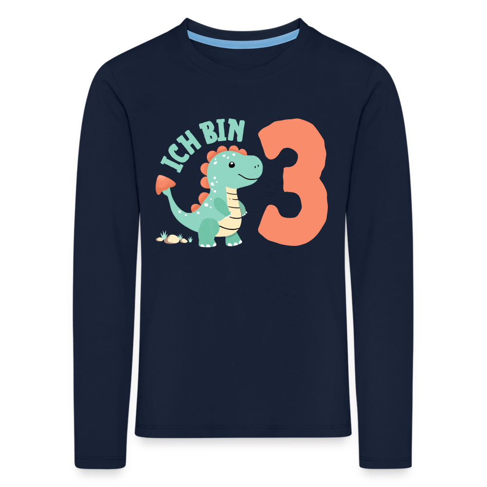 Kinder Langarm T-Shirt "Ich bin 3" (Dinosaurier) - Navy