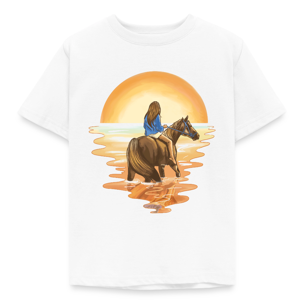 Kinder T-Shirt "Mädchen mit Pferd im Sonnenuntergang" - Weiß