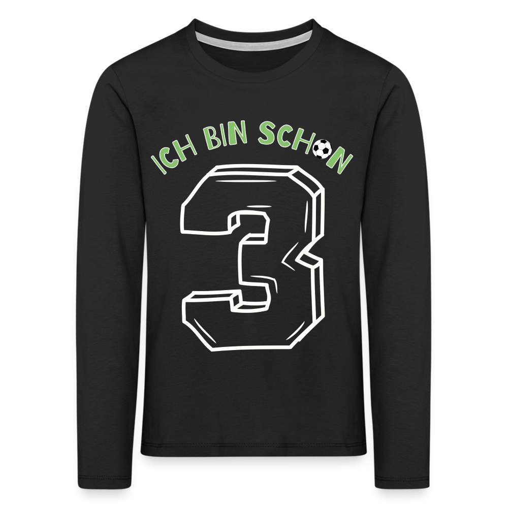 Kinder Langarm T-Shirt "Ich bin schon 3" (Fußball Motiv) - Schwarz