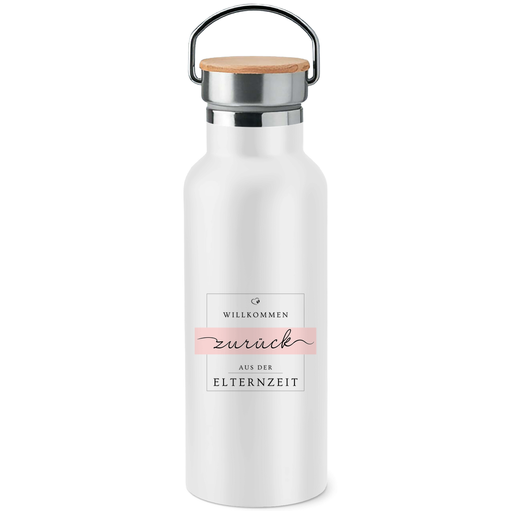 Edelstahl-Trinkflasche mit Bambusdeckel "Willkommen zurück aus der Elternzeit" (Elegant)