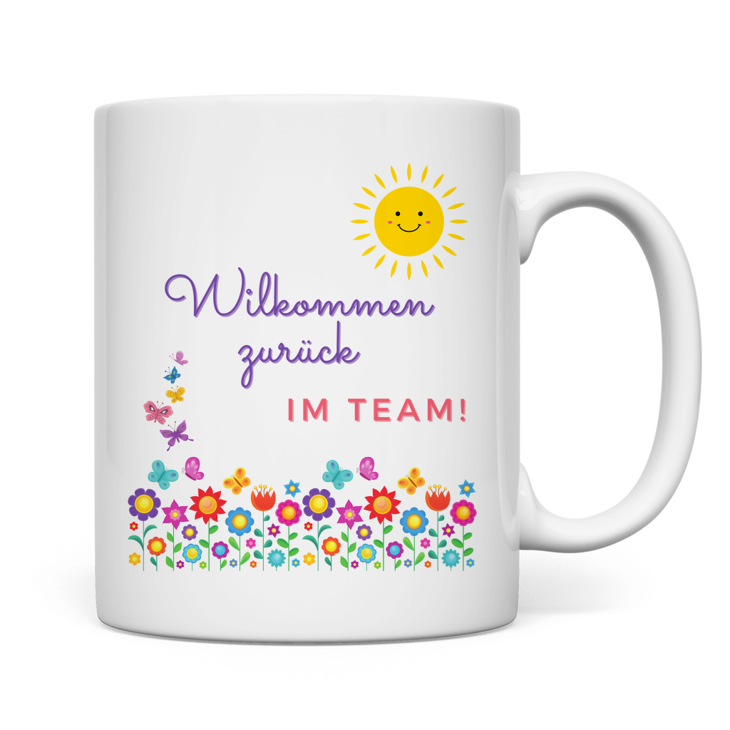 Tasse "Willkommen zurück im Team" (Blumenmotiv)