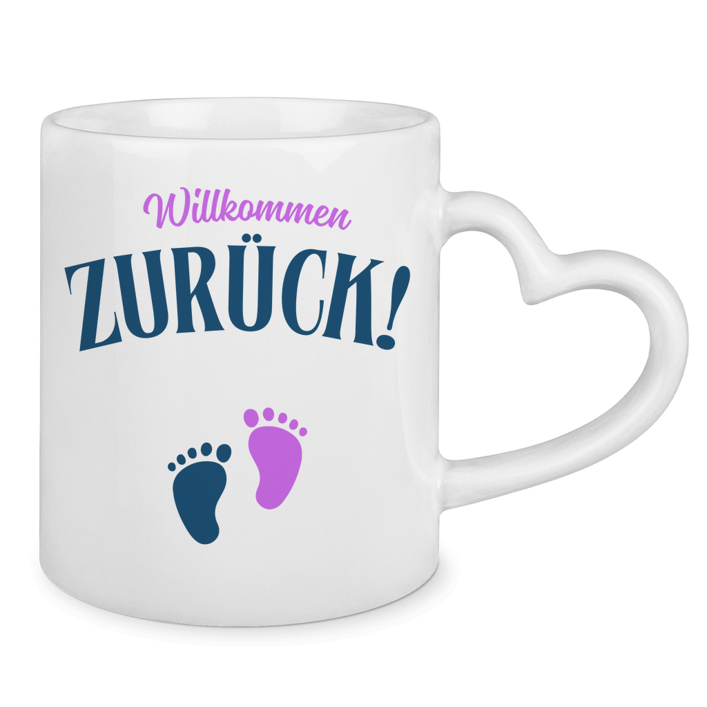 Tasse mit Herzhenkel "Willkommen zurück" (Babyfüße)