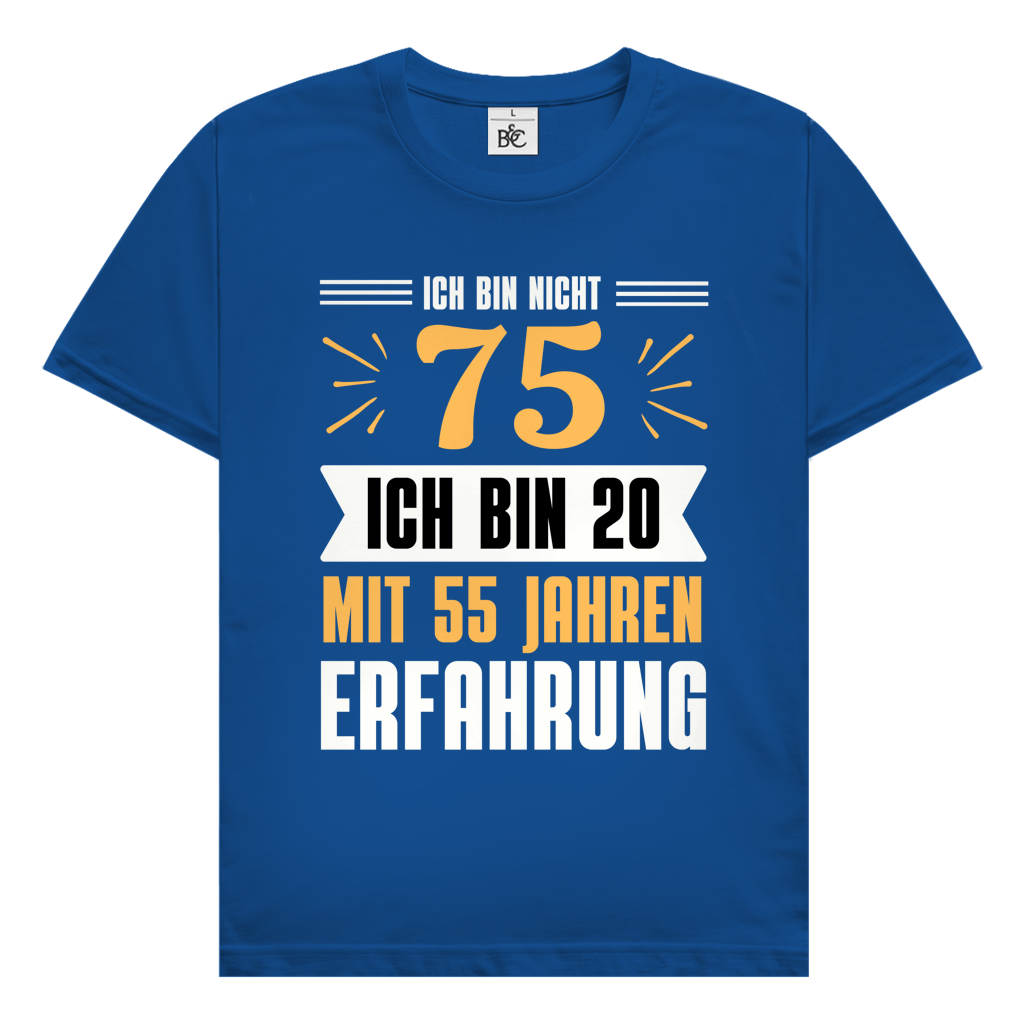 Herren T-Shirt "Ich bin nicht 75" (Orangenes Motiv) Blau