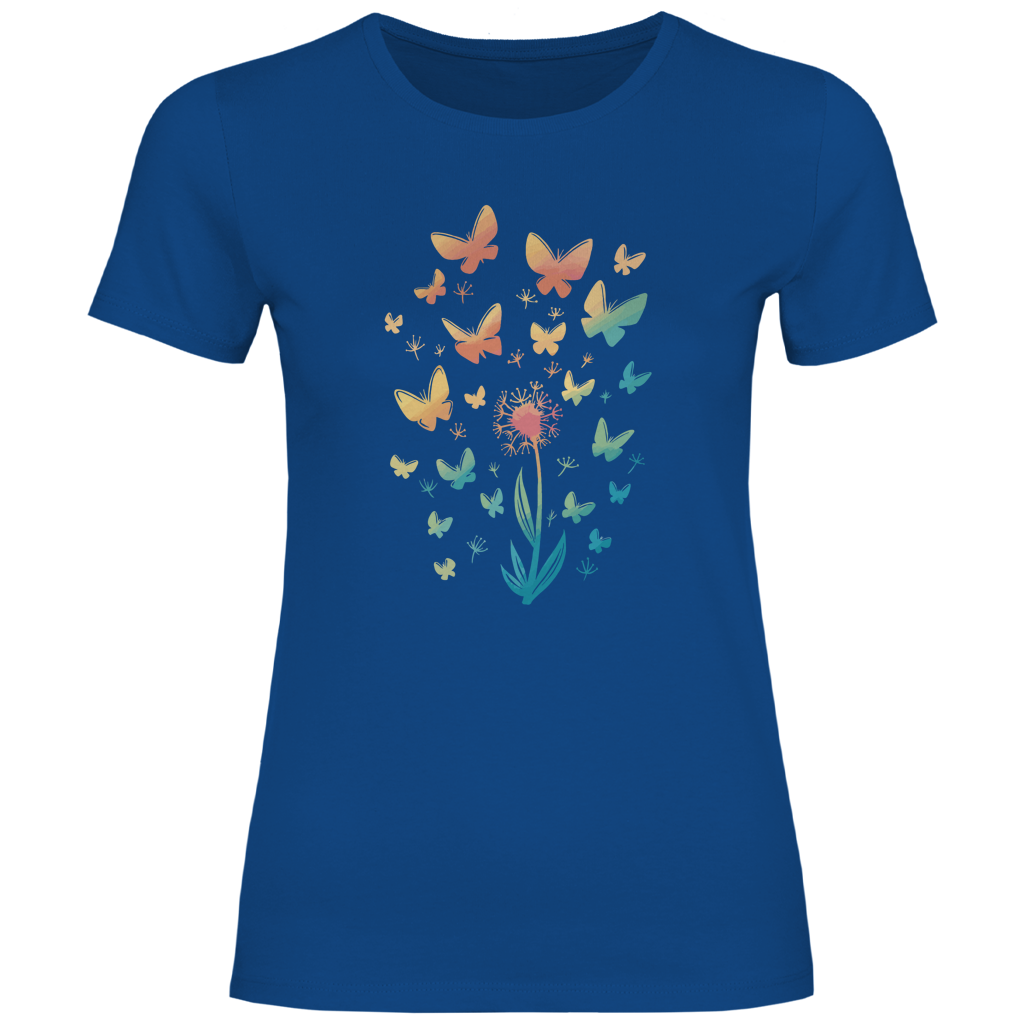 Damen T-Shirt "Pusteblume mit Schmetterlingen" blau