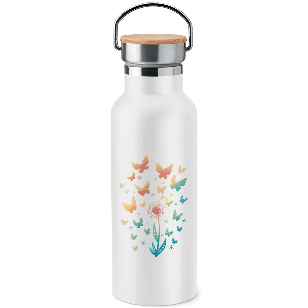 Edelstahl-Trinkflasche mit Bambusdeckel "Pusteblume mit Schmetterlingen"