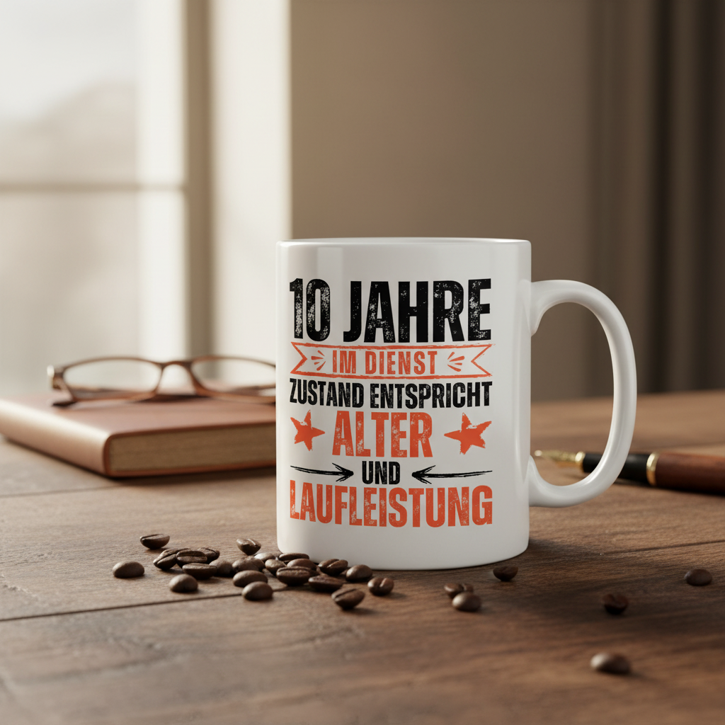 Tasse "10 Jahre im Dienst" - ideal als Geschenk für 10 Jahre Dienstjubiläum Rückseite