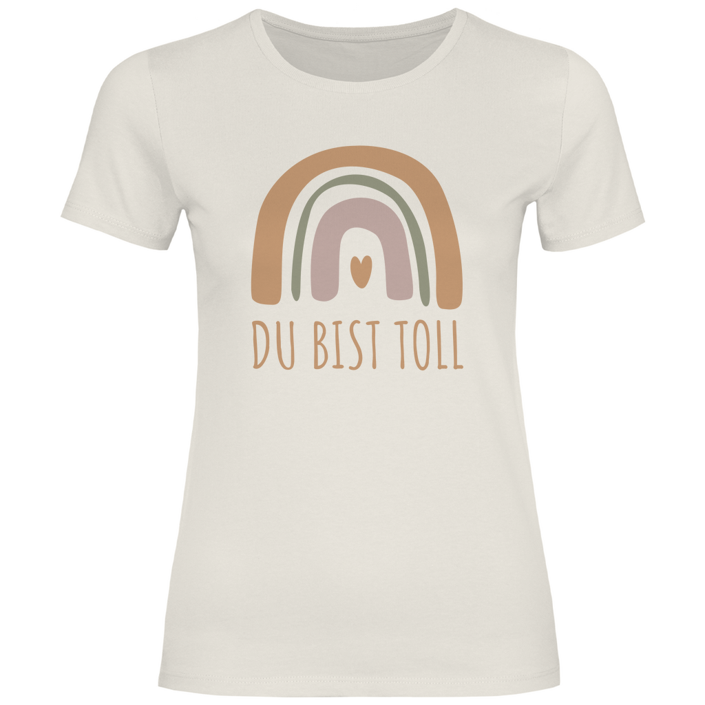 Damen T-Shirt "Du bist toll" (Großer Regenbogen) beige