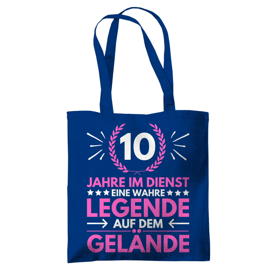 Tragetasche "10 Jahre im Dienst-Legende auf dem Gelände" (Pinkes Motiv) blau