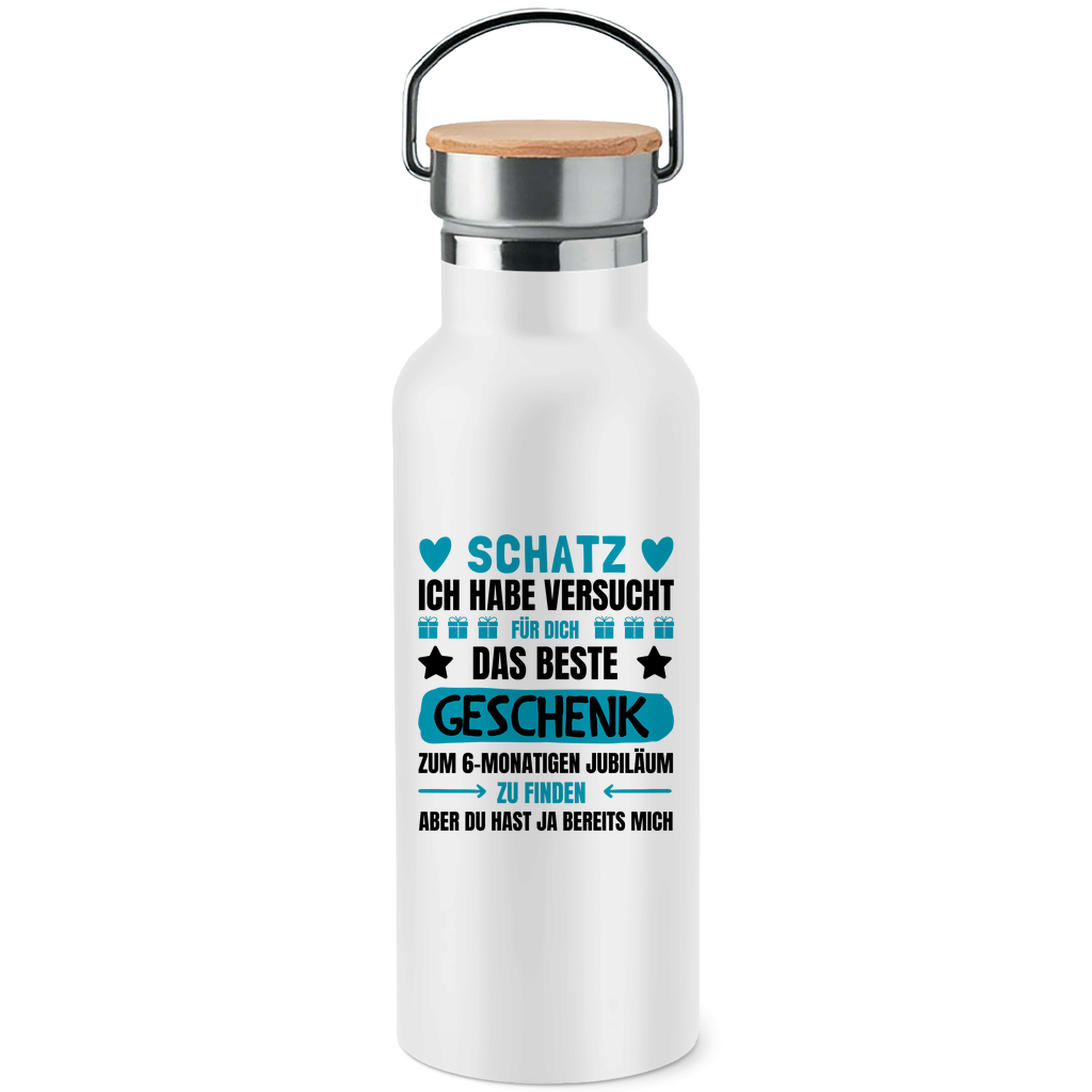 Edelstahl-Trinkflasche mit Bambusdeckel "Das beste Geschenk gefunden" (6 Monate Beziehung)