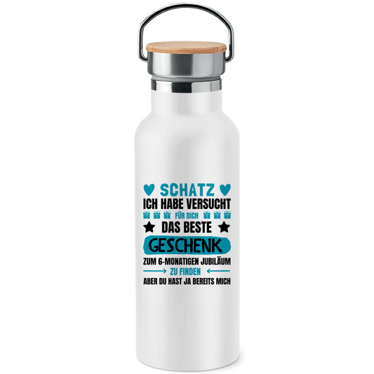 Edelstahl-Trinkflasche mit Bambusdeckel "Das beste Geschenk gefunden" (6 Monate Beziehung)