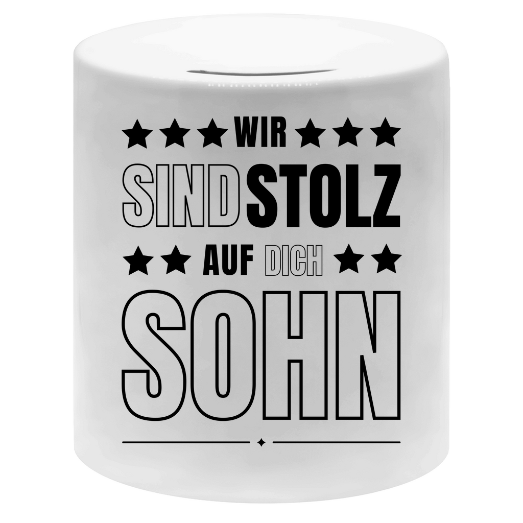 Spardose "Wir sind stolz auf dich Sohn"