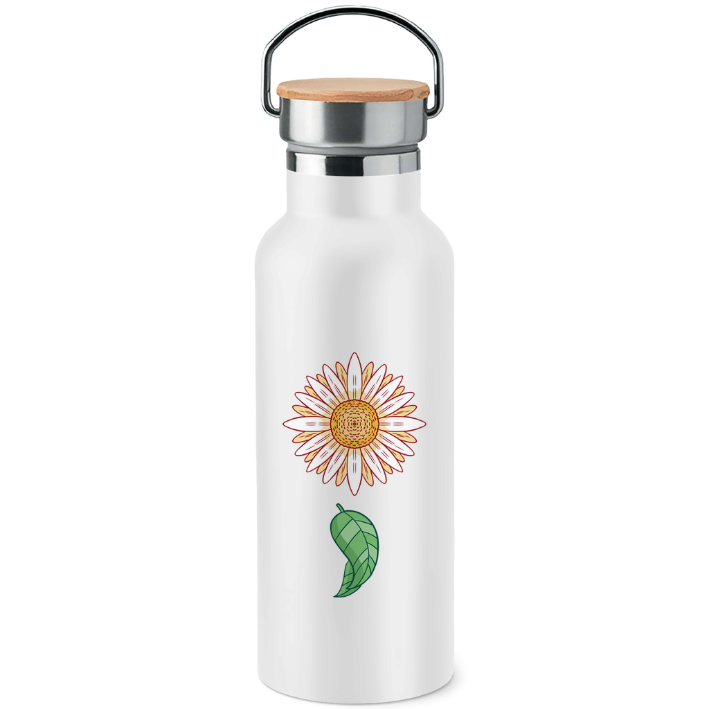 Edelstahl-Trinkflasche mit Bambusdeckel "Gänseblümchen mit Blatt"