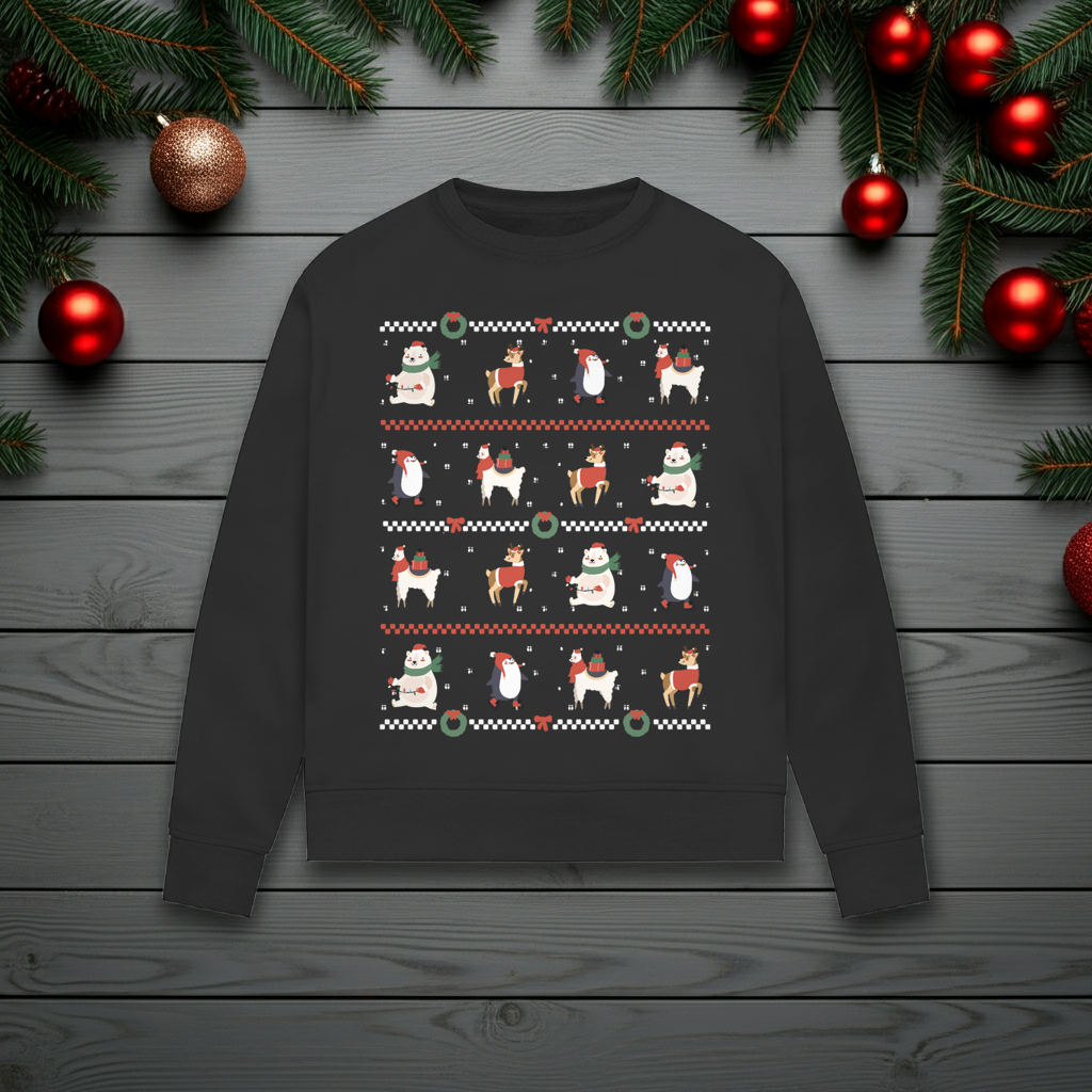 Damen Premium Bio Sweatshirt "Süßes Weihnachtsmotiv" (Pinguin, Lama, Rentier)