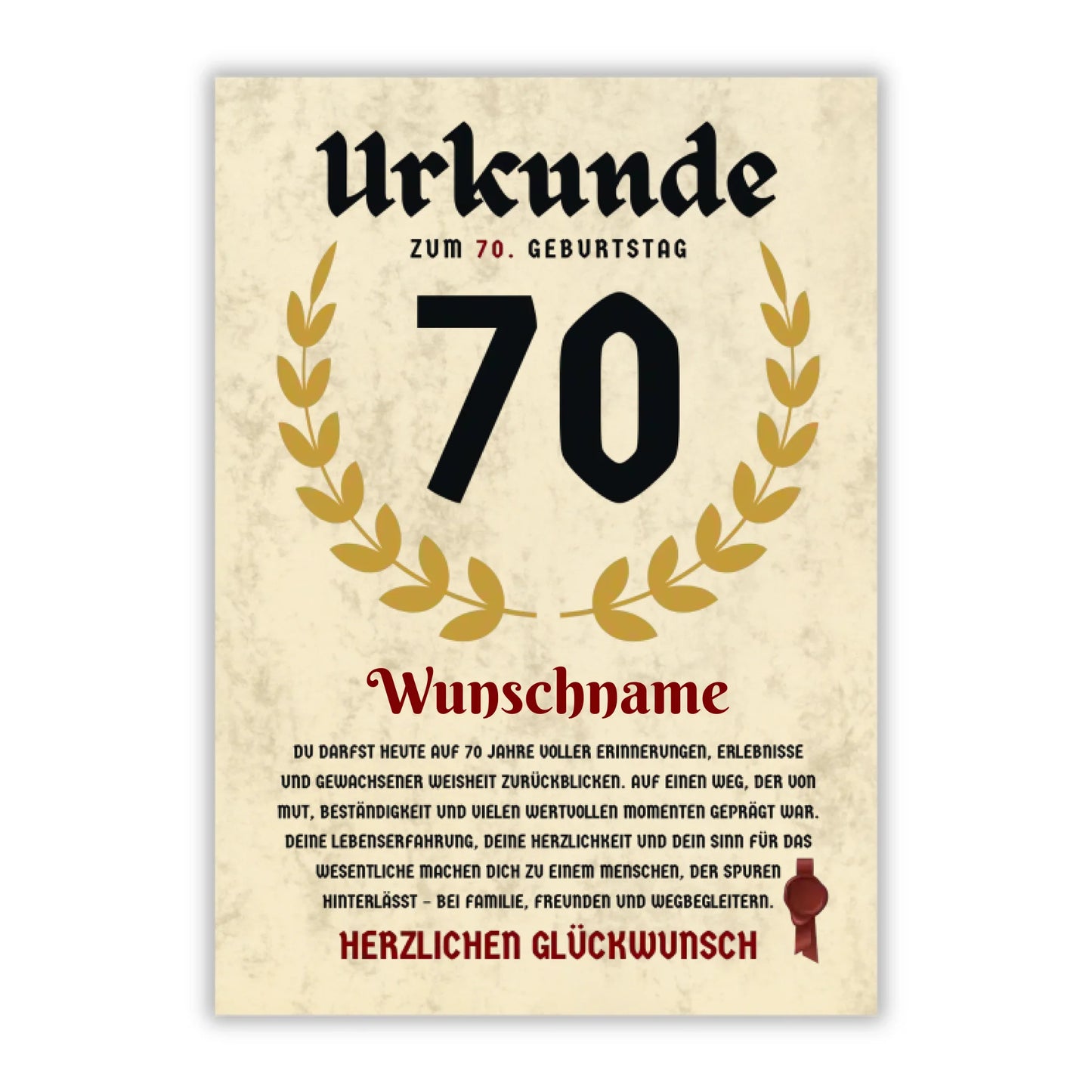 Urkunde "70. Geburtstag" (Personalisiert mit Wunschnamen)
