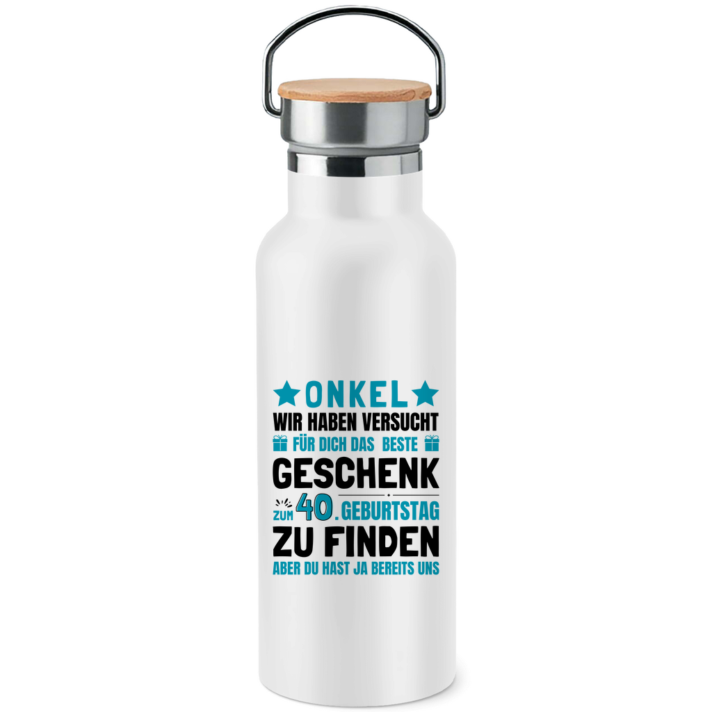 Edelstahl-Trinkflasche mit Bambusdeckel "Onkel 40. Geburtstag Geschenk"