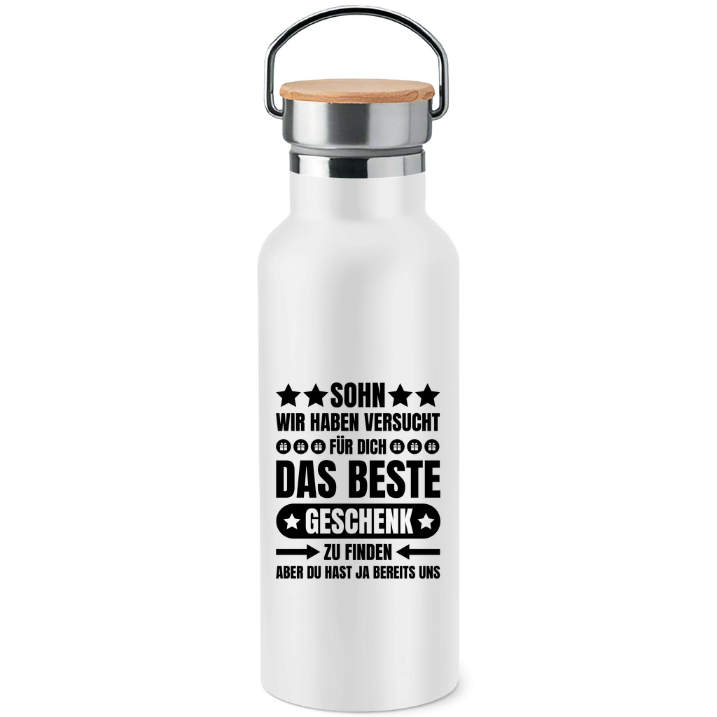 Edelstahl-Trinkflasche mit Bambusdeckel "Sohn, wir haben versucht für dich ein Geschenk zu finden"
